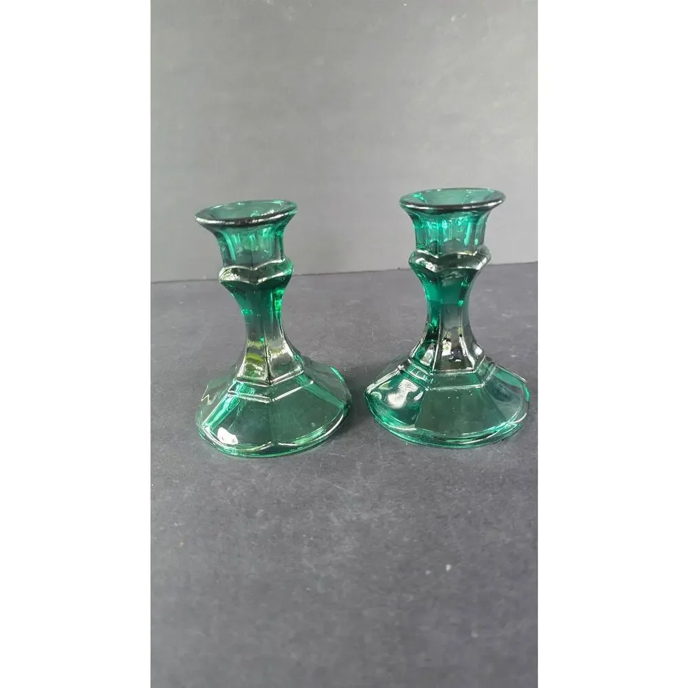 Green Glass Candlestick Holders Pair Small Pedestal Taper Candle Decor Set